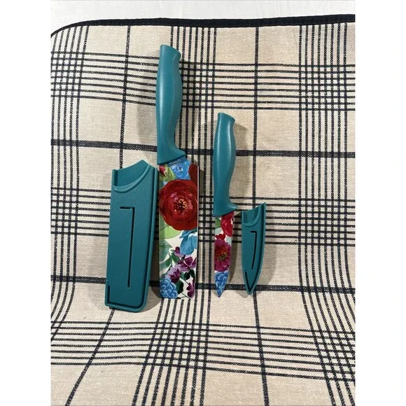 Pioneer Woman Sweet Romance Stainless Steel Knife 2Pc Set W Sheath Floral Green - Picture 1 of 4